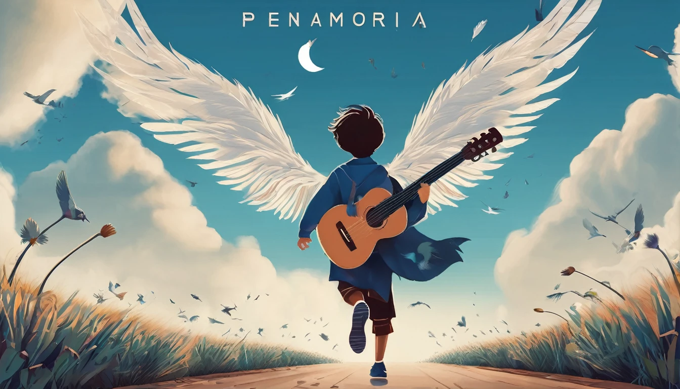 Create a professional, fantastic, cinematic Youtube Banner for a brand about music and stories called " Penamemoria". Masterpiece, 4k, sharp focus, highest quality,wide shot. The title is " Penamemoria". Is a brand about the creative, unique journey of a boy into becoming a musician storyteller. In his journey he finds inspiration in a world of birds and feathers. Minimalistic, simple, poetic, dreamy logotype at the center of the image. The Background image is a world full of fantastic feathers, unique birds, light blue sky, and a boy running happily into the horizon with an acoustic guitar in his right hand.  Boy running against the wind, almost simulating like he is flying