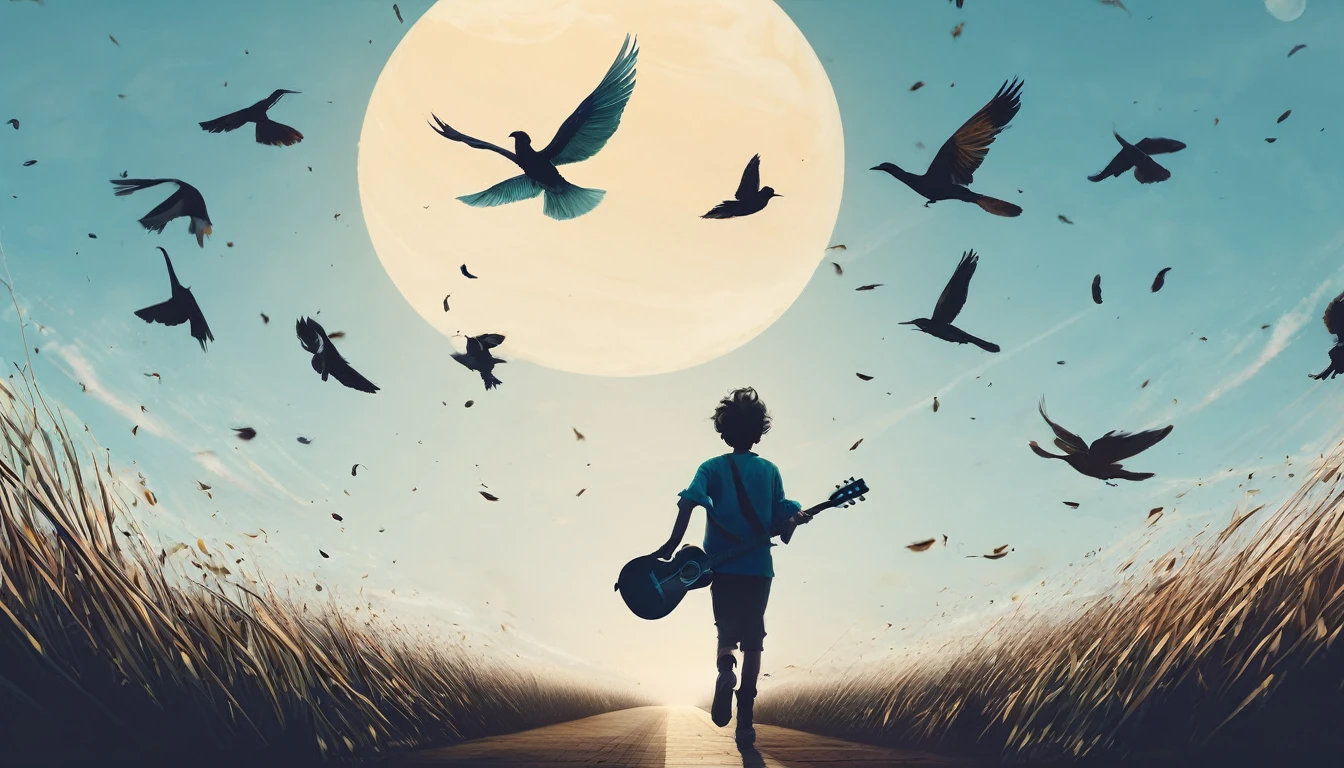 Create a professional, fantastic, cinematic Youtube Banner for a brand about music and stories called " Penamemoria". Masterpiece, 4k, sharp focus, highest quality,wide shot. The title is " Penamemoria". Is a brand about the creative, unique journey of a boy into becoming a musician storyteller. In his journey he finds inspiration in a world of birds and feathers. Minimalistic, simple, poetic, dreamy logotype at the center of the image. The Background image is a world full of fantastic feathers, unique birds, light blue sky, and a boy running happily into the horizon with an acoustic guitar in his right hand. Boy running against the wind, almost simulating like he is flying