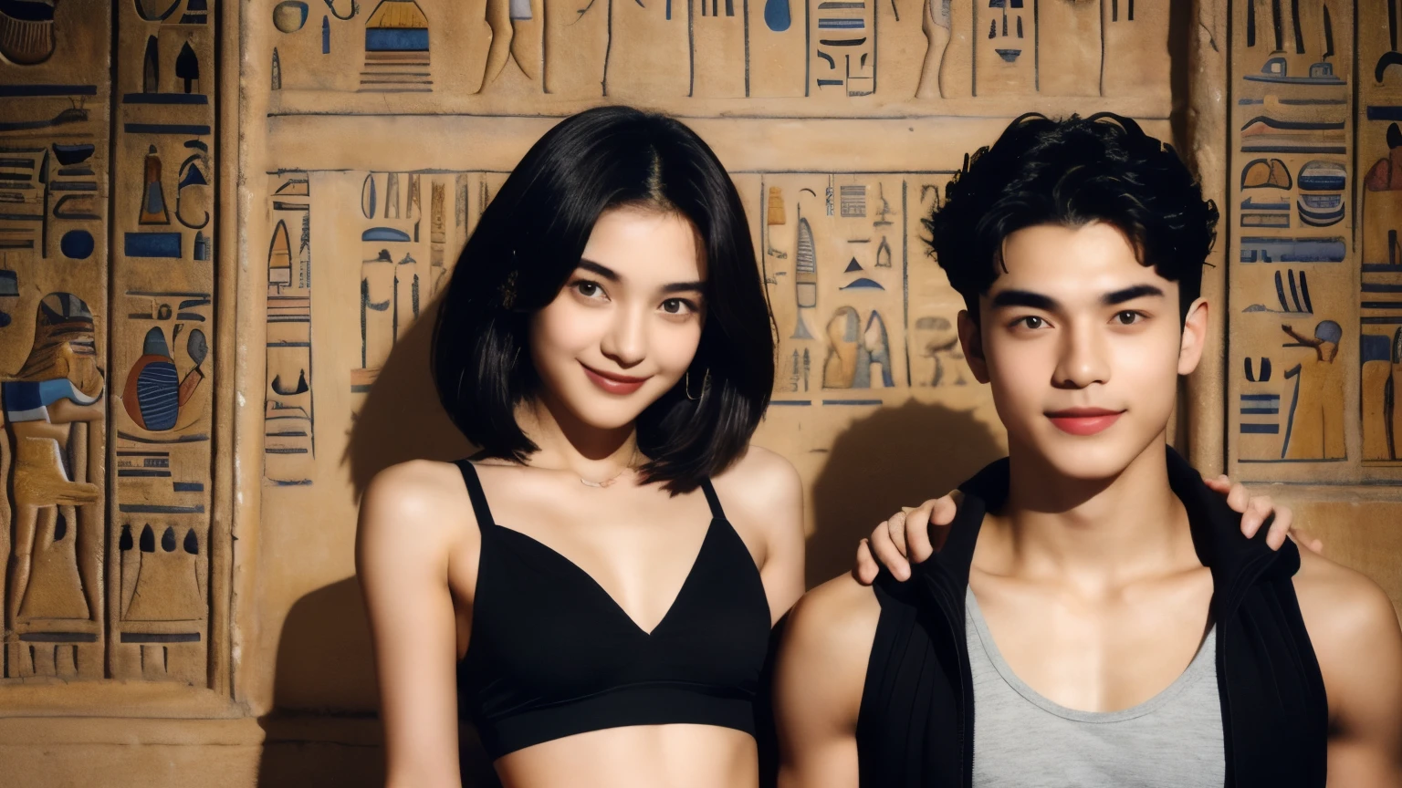 244 (An 18-year-old female and an 18-year-old male), short hair,kind, lipstick, Egyptian civilization, Waist belt, Hieroglyphics, smile
