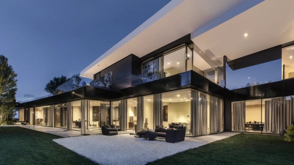 mordenhouse, house, glass house with a sloping roof, modern, dynamic (RAW photo, real, best quality, masterpiece:1.2), (hyper realistic, photo-realistic:1.2), high quality, (dark lighting:1.2), perfect lighting, archdaily