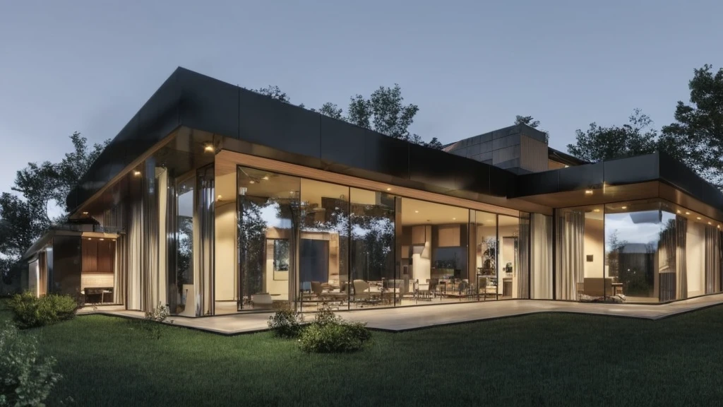 mordenhouse, house, glass house with a sloping roof, modern, dynamic (RAW photo, real, best quality, masterpiece:1.2), (hyper realistic, photo-realistic:1.2), high quality, (dark lighting:1.2), perfect lighting, archdaily