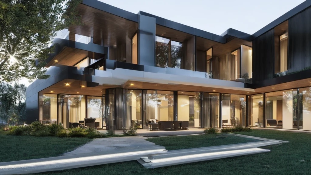 mordenhouse, house, glass house with a sloping roof, modern, dynamic (RAW photo, real, best quality, masterpiece:1.2), (hyper realistic, photo-realistic:1.2), high quality, (dark lighting:1.2), perfect lighting, archdaily