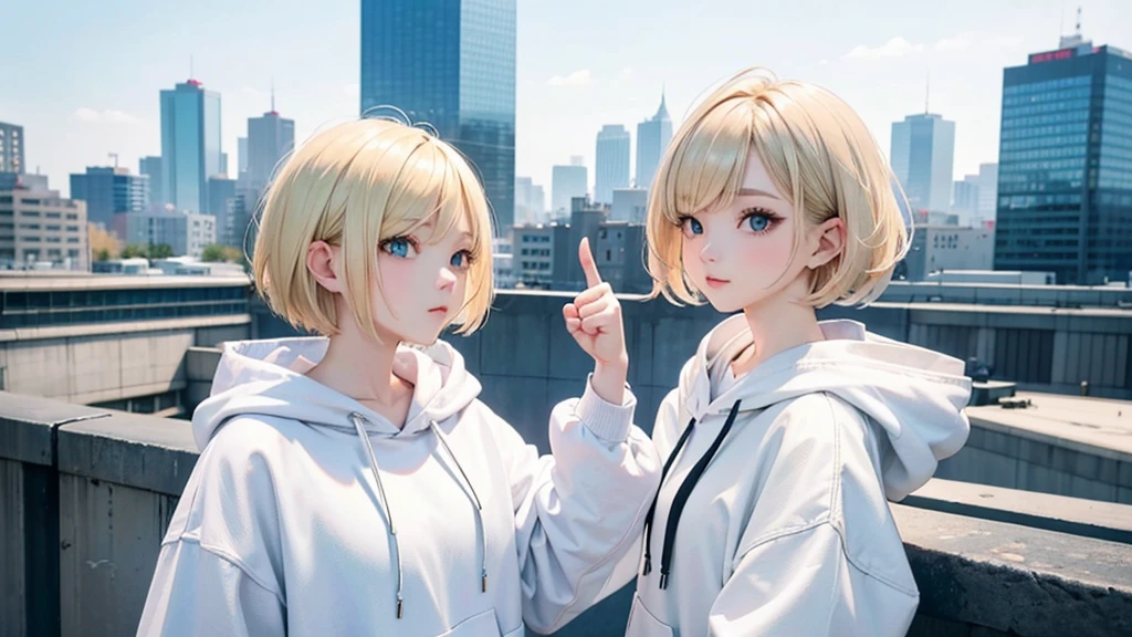 profile, blonde、short hair、girl 1、close up of face、city、composition from above、fashion、blonde hair、Short Mash Hair、、wearing a plain white hoodie、wearing black sneakers、turquoise eyes、black shorts、Making a thumbs up gesture,That's a nice tooth,Expressive eyes,,Dramatic shading and highlights,Ultra-fine strokes,Professional portrait,Perfect lighting, Thumbs up、thumbs up,Camera from the front