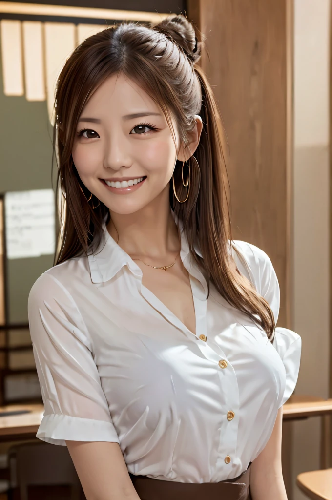 20th generation、office lady、Hair Bun、Brown Hair、Frilled blouse、Bust D cup、smile、Lift up your shirt、Take off blouse