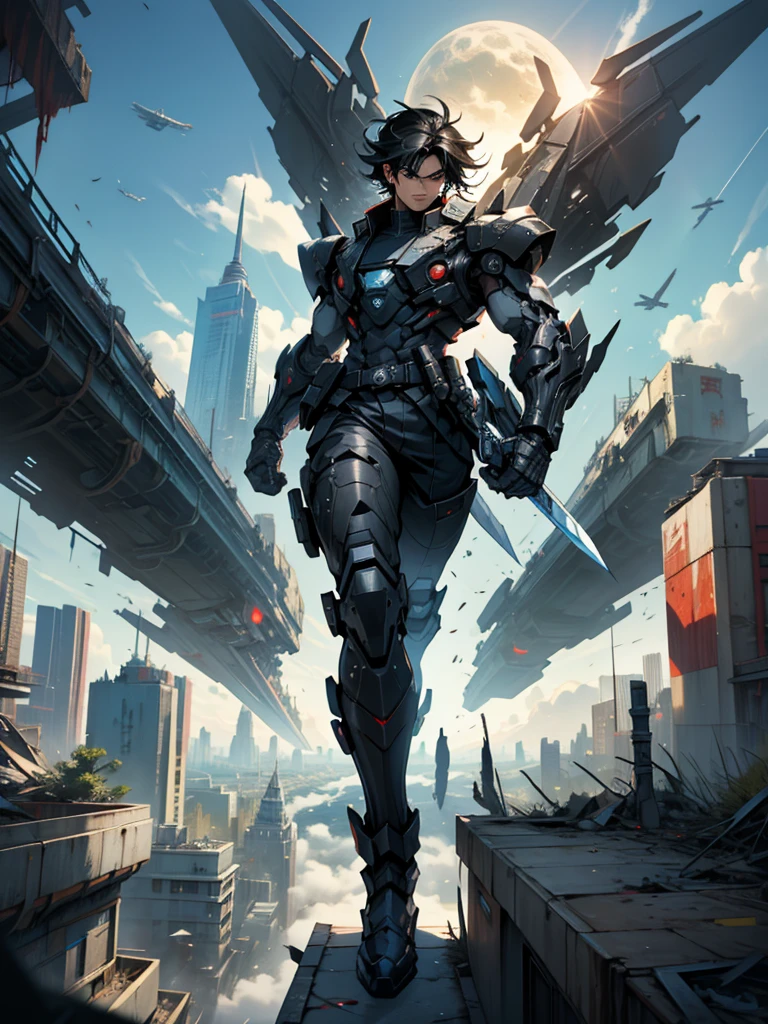In a sci-fi style city, a Chinese swordsman,Black Fragmented Hair,stands on the rooftop of a tall building,boots, holding sword, black hair, medium hair, male, science_fiction, cityscape,wielding a black straight sword,dressed in modern black clothing, gazing at,mechas,terrifying monsters with flesh and blood,soaring in the clouds,leaving the world in ruins Behind the scenes perspective (painting),(illustration),{beat quality} masterpiece,best quality,official art,extremely detailed CG unity 8k wallpaper, cityscape