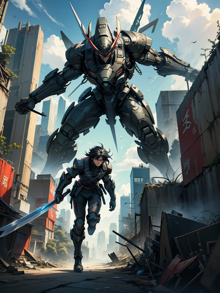 In a sci-fi style city, a Chinese swordsman,Black Fragmented Hair,stands on the rooftop of a tall building,boots, holding sword, black hair, medium hair, male, science_fiction, cityscape,wielding a black straight sword,dressed in modern black clothing, gazing at,mechas,terrifying monsters with flesh and blood,soaring in the clouds,leaving the world in ruins Behind the scenes perspective (painting),(illustration),{beat quality} masterpiece,best quality,official art,extremely detailed CG unity 8k wallpaper, cityscape
