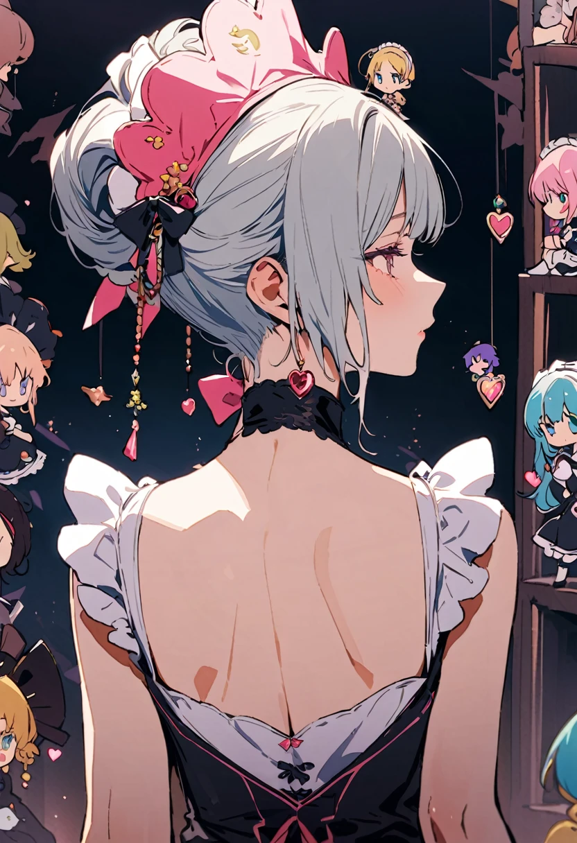 ((Back view)),masterpiece, highest quality, Illustration of the novel, High resolution, 18+ Adult content, Sensual, Intimate, Emotional, Passionate, romantic, sweet, Adorable, Innocent, Pure, Charmな, Charmな, Charm, Mysterious, Charmな, Charmな, Immersive, Charmな, dream-like, Surreal, Imaginative, Whimsical, artistic, Avant-garde, timeless, elegant, Sophisticated, chic, Sophisticated, personality, original, Charmな,((Maid clothes:1.3)),(guitarist:1.3)、Female Band、live、((Upper Body:1.3))