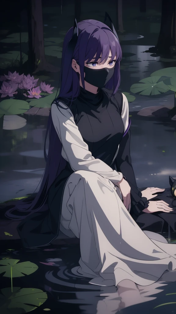 1girl, sad, sitting, (umbra-mask), (shadow-self), (dark-aura), (low-resoul-mist), (dark-lotus), ((fountain:0.9)), (water), (water-falling-down), (falling-leaves:0.8)), (small-tree:0.6), (small-fence:0.5), (forest-floor), (misty-background), (mysterious-mood), (low-light), (low-angle-shot), (posing:1.1), (slightly-looking-away), (hand-on-umbra-mask), (fingernails-long), (umbra-symbol-on-forearm), (symbol-of-earth-element), (elegant-attire), (dark-clothing), (shadow-dance-mood), (high-contrast), (vibrant-colors), (water-reflection)