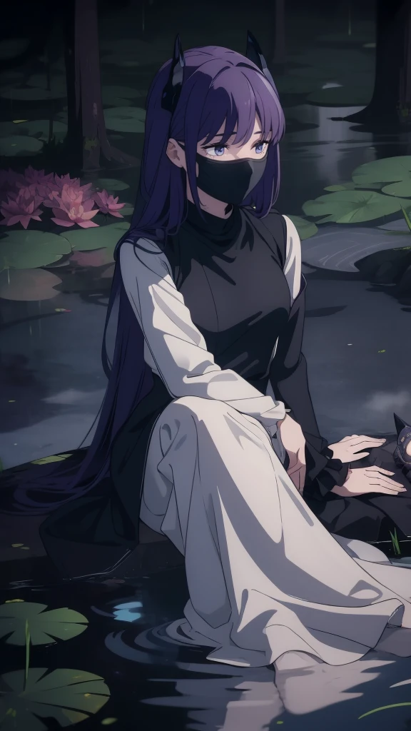 1girl, sad, sitting, (umbra-mask), (shadow-self), (dark-aura), (low-resoul-mist), (dark-lotus), ((fountain:0.9)), (water), (water-falling-down), (falling-leaves:0.8)), (small-tree:0.6), (small-fence:0.5), (forest-floor), (misty-background), (mysterious-mood), (low-light), (low-angle-shot), (posing:1.1), (slightly-looking-away), (hand-on-umbra-mask), (fingernails-long), (umbra-symbol-on-forearm), (symbol-of-earth-element), (elegant-attire), (dark-clothing), (shadow-dance-mood), (high-contrast), (vibrant-colors), (water-reflection)