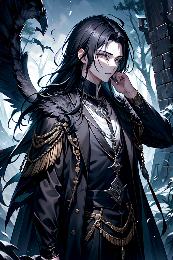 1 boy, black hair, black eyes, black feather jacket, crow, fantasy, side view, hand Forward, handsome, white skin, dark fantasy, dark forest, norse mythology, forest