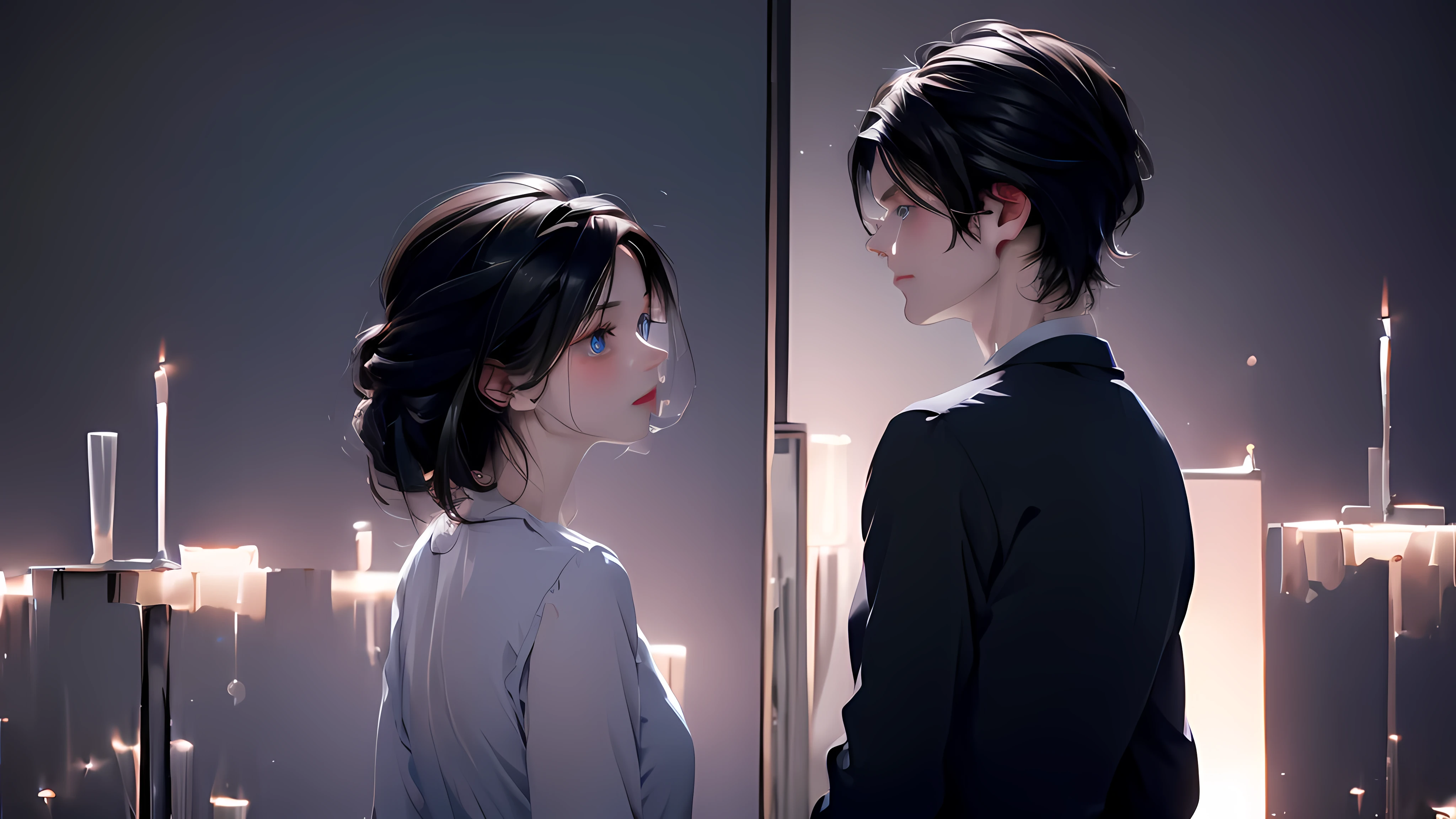 1 Boy&girl, medium light black hair, light blue eyes, wearing black suit, night city, 18+ , high res, ultrasharp, 8K, masterpiece, looking from behind