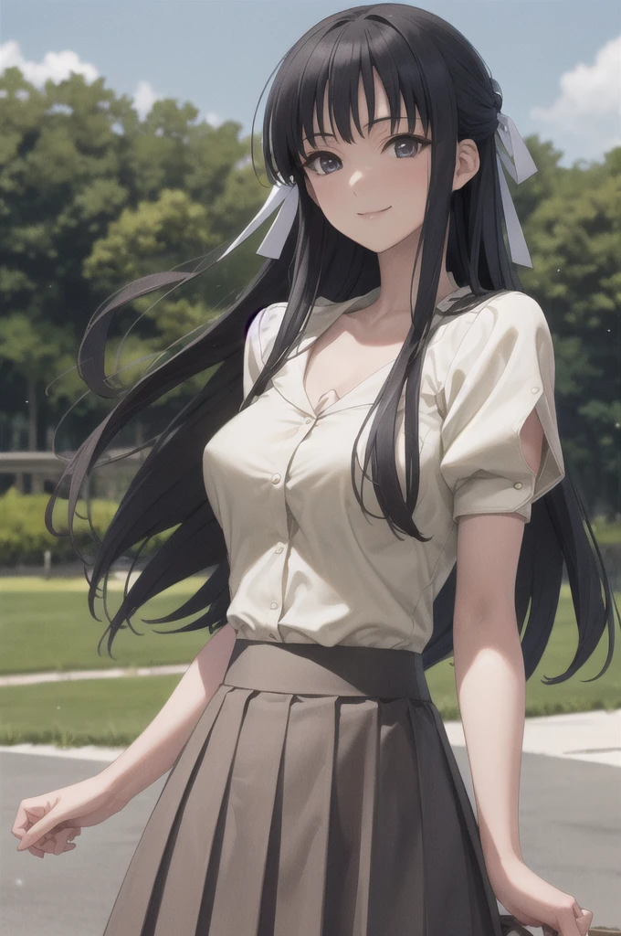 masterpiece, best quality, migiwa kazuha, hair ribbon, white shirt, short sleeves, pleated skirt, upper body, looking at viewer, blue sky, smile, trees, large breasts, The clothes are not well dressed. White underwear and underwear on the chest are exposed,