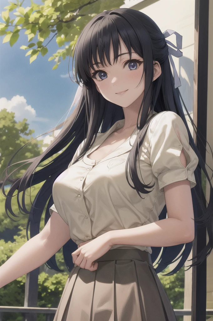 masterpiece, best quality, migiwa kazuha, hair ribbon, white shirt, short sleeves, pleated skirt, upper body, looking at viewer, blue sky, smile, trees, large breasts, The clothes are not well dressed. White underwear and underwear on the chest are exposed,