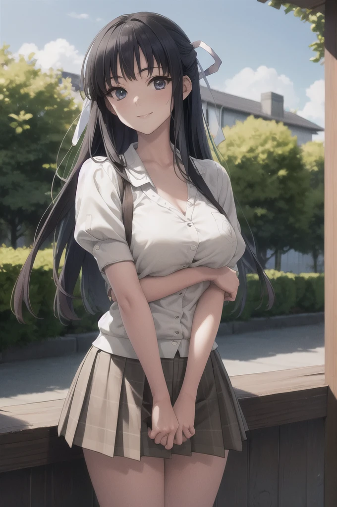 masterpiece, best quality, migiwa kazuha, hair ribbon, white shirt, short sleeves, pleated skirt, upper body, looking at viewer, blue sky, smile, trees, large breasts, The clothes are not well dressed. White underwear and underwear on the chest are exposed,