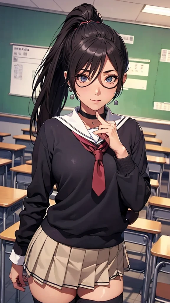 (((highest quality, High resolution, , Pixel Perfect, 4K))),((Correct Anatomy))、((School classroom))、((school uniform))), ((highest quality)), ((Complex and detailed)), ((Black knee-high socks)), ((Mini Pleated Skirt))、An absurd solution, Mature Woman, Mature Woman, perspective, Very detailed,(((school uniformコスプレ)))、Great style、(Long Hair)、glamorous、Sailor suit、mini skirt、black tights、(((The whole body is visible))), One Woman, ((ponytail)), Perfect hands, Detailed fingers, Beautiful details,  Black choker, Earrings, Black Stockings, Perfect Eyes, Seductive eyes