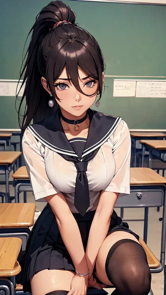 (((highest quality, High resolution, , Pixel Perfect, 4K))),((Correct Anatomy))、((School classroom))、((school uniform))), ((highest quality)), ((Complex and detailed)), ((Black knee-high socks)), ((Mini Pleated Skirt))、An absurd solution, Mature Woman, Mature Woman, perspective, Very detailed,(((school uniformコスプレ)))、Great style、(Long Hair)、glamorous、Sailor suit、mini skirt、black tights、(((The whole body is visible))), One Woman, ((ponytail)), Perfect hands, Detailed fingers, Beautiful details,  Black choker, Earrings, Black Stockings, Perfect Eyes, Seductive eyes