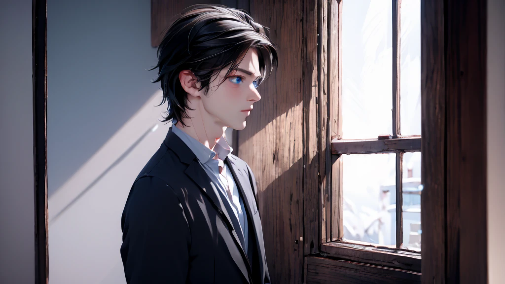 1 Boy&girl, medium light black hair, light blue eyes, wearing black suit, night city, 18+ , high res, ultrasharp, 8K, masterpiece, looking from behind