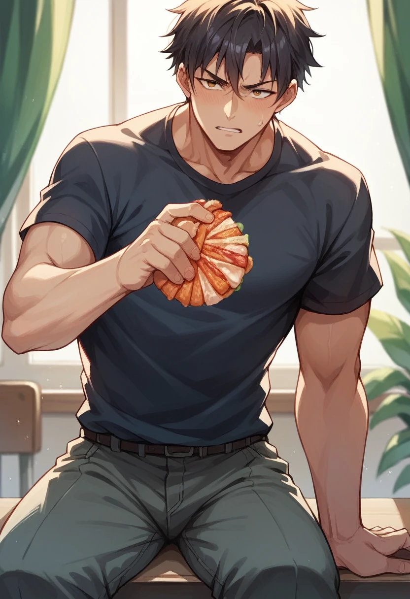 score_9_up, score_8_up, score_7_up, score_6_up, score_5_up, score_4_up, best quality, amazing quality, best aesthetic, absurdres, masterpeiece 1boy, digital art, male focus, (solo focus:1.05), game cg, chiaki morisawa, brown eyes, brown hair, morisawa_chiaki, brown hair, brown eyes, dark dining hall, (((shirtless, red jockstrap))), (((laying on a huge dish with steak and salad, oil, greasy, mayonnaise, fork poking butt, spoon, knife))), tied up, rope bondage, shibari, arms behind back, bound arms, outstretched legs, (((laying on stomach))), (((rear view))), butt pointing up, big butt cheeks, embarrassed, sweaty, muscle, bruises, spanking, outstretched legs