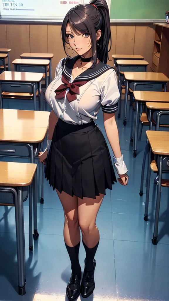 (((highest quality, High resolution, , Pixel Perfect, 4K))),((Correct Anatomy))、((Sailor suit))、(((School classroom))), ((highest quality)), ((Complex and detailed)), ((Black knee-high socks)), ((Mini Pleated Skirt))、An absurd solution, Mature Woman, Mature Woman, perspective, Very detailed,(((Full Body Shot)))、Great style、(Long Hair)、glamorous、Sailor suit、mini skirt、black tights、(((The whole body is visible))), One Woman, ((ponytail)), Perfect hands, Detailed fingers, Beautiful details,  Black choker, Earrings, Black Stockings, Perfect Eyes, Seductive eyes