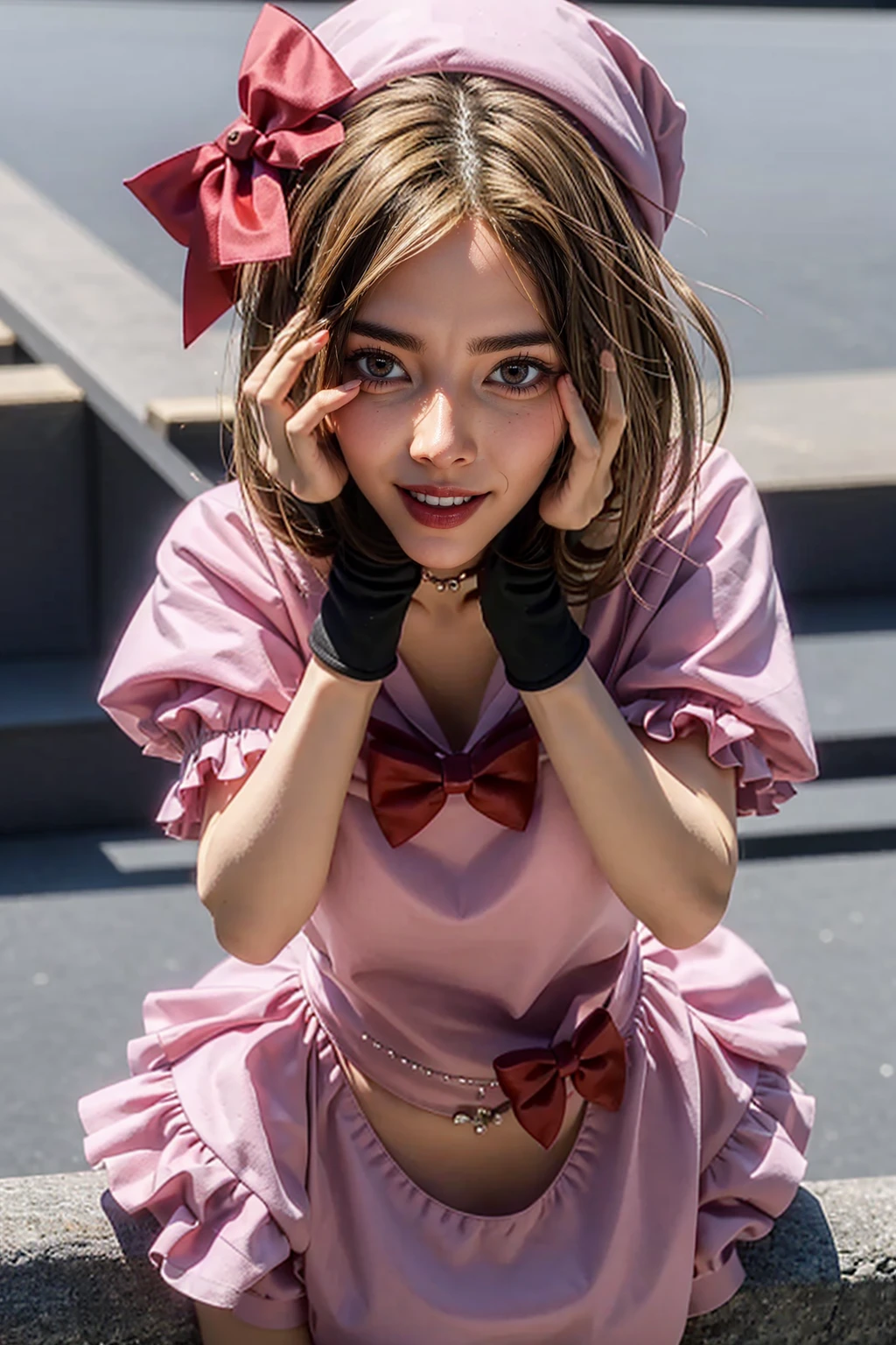 (masterpiece),(best quality), lambdadelta ,dress, striped stockings, red bow, pink hat, necklace, gloves, pearl, pumpkin brooch, crazy face, upper body, persistent stare, mountains, forest, looking at the viewer, red sky, yandere trance, yandere, hands on own face,hands on own cheeks, blank eyes, blush, large smile, (yandere smile)