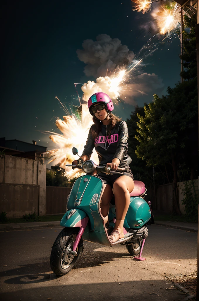 High-end advertising, a girl riding vespa with the 3d words "ALISYA" written in big, Bold, artistic and dramatic with a realistic 3d explosion effect. Green and Pink