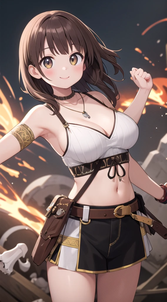 ((masterpiece,best quality)), absurdres,
Savage_Design, 1girl, bone necklace, tribal, brown hair,
solo, smiling, looking at viewer, cowboy shot,
cinematic composition, dynamic pose,