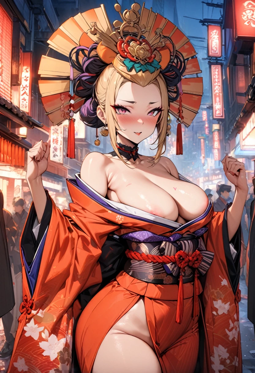 (masterpiece:1.2),(best quality:1.2),(masterpiece, best quality, ultra-high resolution), (1girl), prostitute, oiran, red light district, japanese red light district, japanese prostitute, sensual kimono