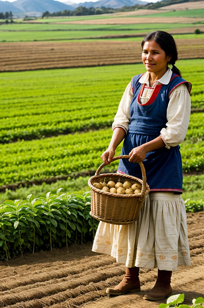 peasant woman with  cultivating native potatoes in a field or valley Peruvian woman 