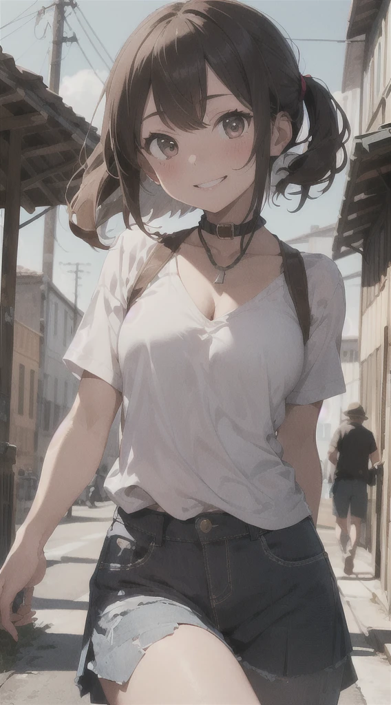 ((masterpiece,best quality)), absurdres,
Savage_Design, 1girl, bone necklace, tribal, brown hair, 
solo, smiling, looking at viewer, cowboy shot, 
cinematic composition, dynamic pose,