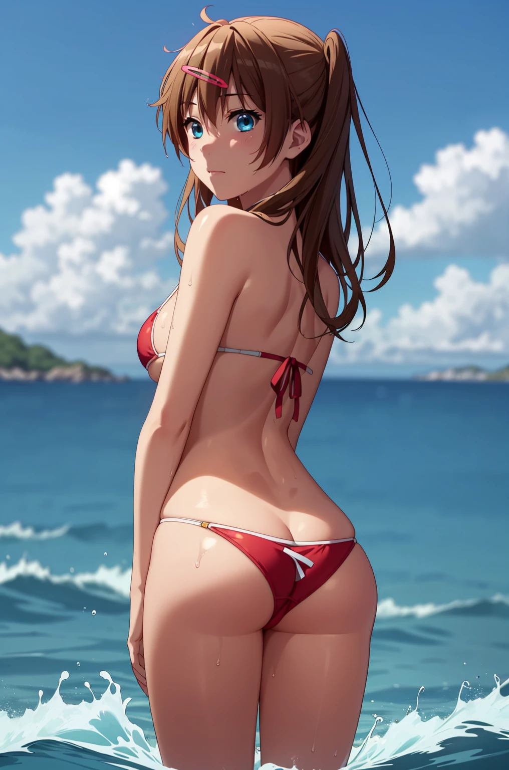 ((masterpiece, highest quality, High resolution, UHD, Pixel perfect, Depth of written boundary, 4K, rtx, HDR)), 1 Girl, single, alone, 24-years-old, Beautiful Anime Girls, Beautiful art style, anime character, ((Parted bangs, Brown Hair)), (blue eyes、Round eyes, Delicate eyelashes、Beautiful eyelashes, Perfect Eyes), (Detailed face:1.2), (Smooth texture:0.75, Realistic texture:0.65, Realistic:1.2, Cinematic, Anime CG Style), Perfect body, Ocean:1.3、Moderately good breasts:1.7、Red Micro Bikini Swimsuit:1.8、Visible from the thighs:1.9、Wet、Water Drop、Splash、nsfw、visible from below、Seen from behind、Oceanの中、Leaning forward、Leg spread