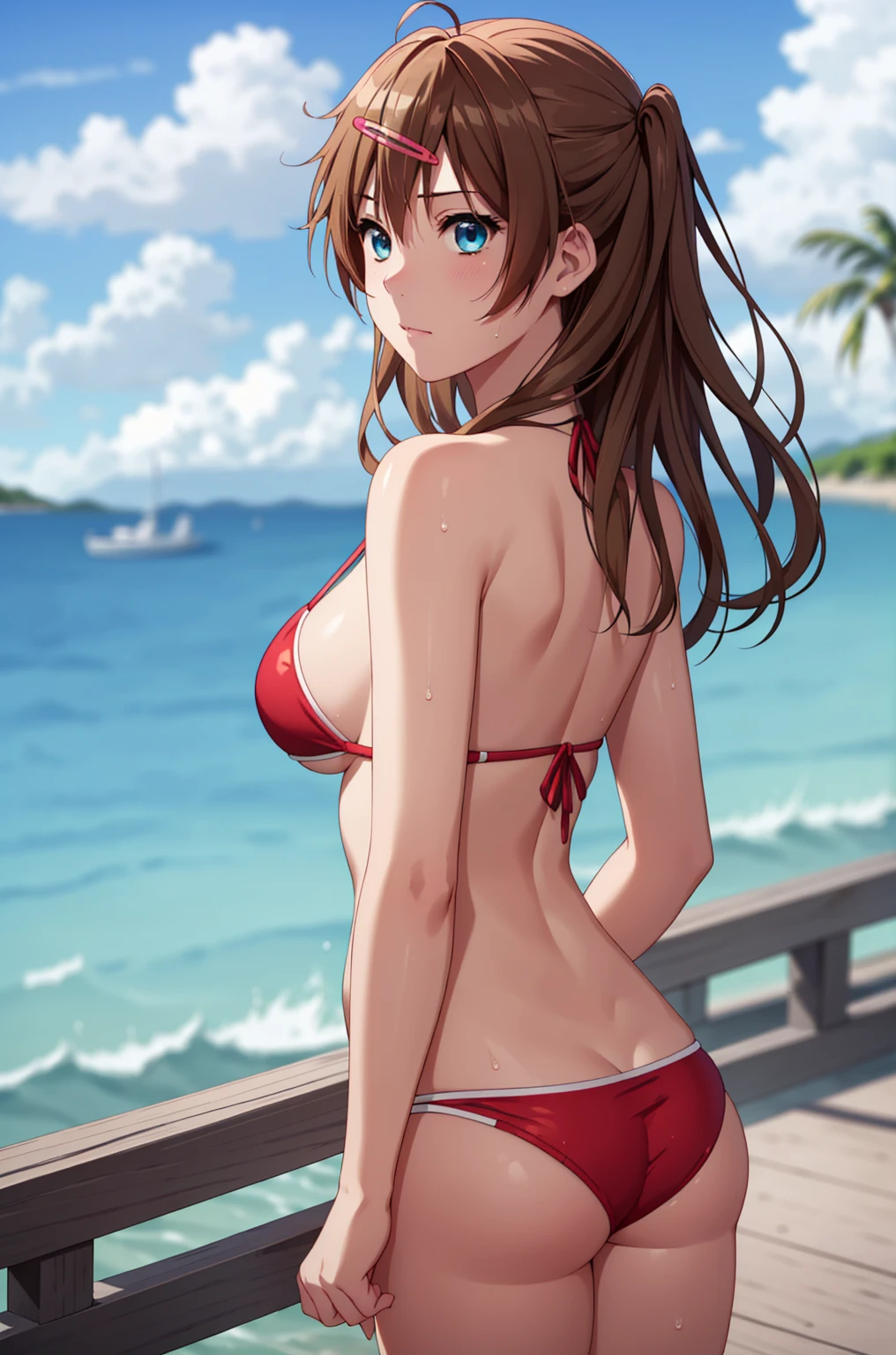 ((masterpiece, highest quality, High resolution, UHD, Pixel perfect, Depth of written boundary, 4K, rtx, HDR)), 1 Girl, single, alone, 24-years-old, Beautiful Anime Girls, Beautiful art style, anime character, ((Parted bangs, Brown Hair)), (blue eyes、Round eyes, Delicate eyelashes、Beautiful eyelashes, Perfect Eyes), (Detailed face:1.2), (Smooth texture:0.75, Realistic texture:0.65, Realistic:1.2, Cinematic, Anime CG Style), Perfect body, Ocean:1.3、Moderately good breasts:1.7、Red Micro Bikini Swimsuit:1.8、Visible from the thighs:1.9、Wet、Water Drop、Splash、nsfw、visible from below、Seen from behind、Oceanの中、Leaning forward、Leg spread