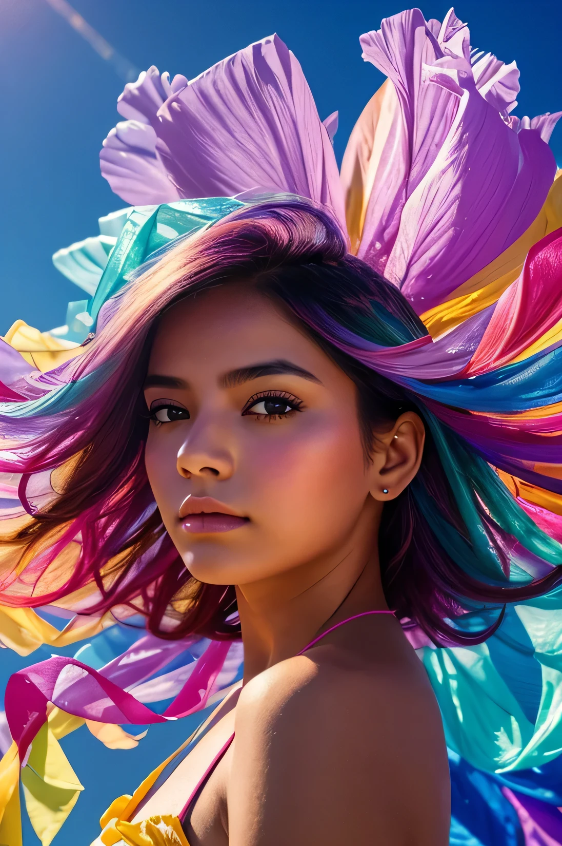 Mexican 28 year old woman, full body, soaring female figure made of ribbons, smoke, in the sky, colorful and bright, mystical colors, modern impressionism, portraiture Yanjun Cheng, iridescent painting, 3/4 perspective view, cute face, low angle, wide swirling composition, big beautiful crystal eyes, large iris, UHD, HDR, 8K, (Masterpiece: 1. 5), (World's most beautiful portrait: 1.5)