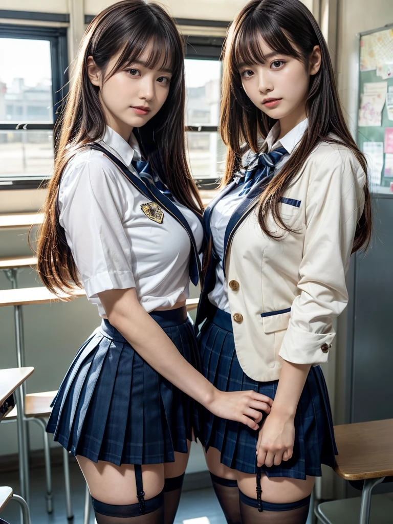 masterpiece, best quality, illustration, Super detailed, fine details, High resolution, 8K,wall paper, perfect dynamic composition,(Details High quality, realistic depiction of eyes:1.3), (2 girls, 2 schoolgirls:1.2), from side, High School Classroom、High school girl uniform、blazer 、Super Short Check Uniform Skirt、Navy blue high socks、garterbelts、Colossal tits、Disturbed uniform, short bob hair, black hair color, huge breasts, Big Natural Color Lip, bold sexy pose, (perfect body shape), crying a little、 Harajuku style、20 year old girl、 beautiful legs, hposing Gravure Idol, Voluptuous thighs