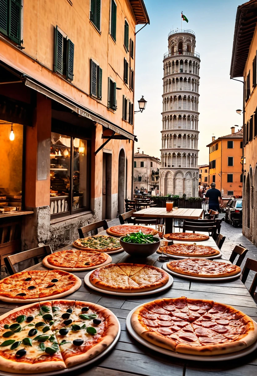 there are many different types of pizzas on the table, pizza in foreground, pizza on a table, the leaning tower of pizza, by Tom Wänerstrand, by Carlo Martini, by Juan O'Gorman, italian pizza, by Lee Loughridge, by Sam Black, ❤🔥🍄🌪, by Matteo Pérez, food commercial 4 k, naples