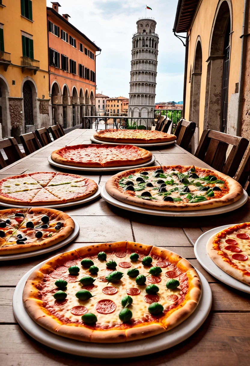 there are many different types of pizzas on the table, a portrait by Tom Wänerstrand, shutterstock, renaissance, pizza in foreground, pizza on a table, the leaning tower of pizza, italian pizza, ❤🔥🍄🌪, food commercial 4 k, naples, pizza skyscrapers, closeup at the food, shot on sony a 7 iii