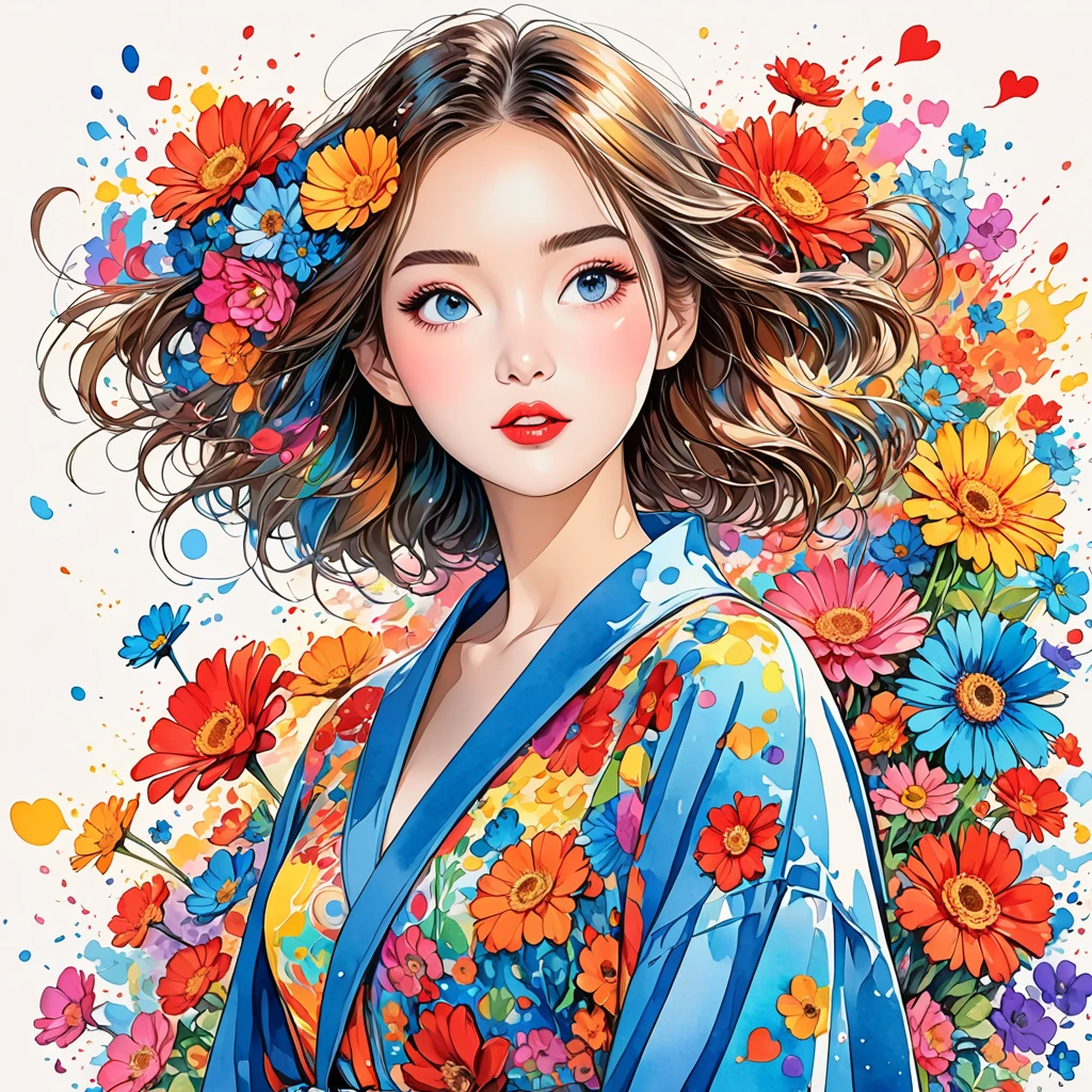 Hayao Miyazaki Style、(((stylish fashion))), 8K Quality、Intense watercolor, Detailed watercolor art, Watercolor splash, Surreal, avant-garde pop art, Beautiful and expressive paintings, Beautiful artwork illustration, Very colorful tones, wonderful, Cool beauty, highest quality、Official Art, Vector art, Stylish design, (((The most beautiful girl))), (((highest quality))), HDR, ((detailed)), (((Doodle Art)), ((masterpiece)), ((Super detailed)), (((Colorful flowers))),(((Stylish))), Lips in love, walking