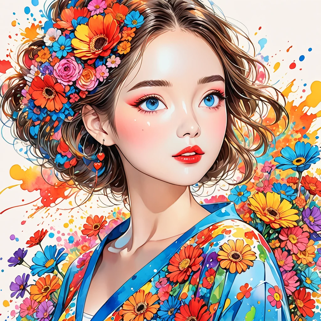 Hayao Miyazaki Style、(((stylish fashion))), 8K Quality、Intense watercolor, Detailed watercolor art, Watercolor splash, Surreal, avant-garde pop art, Beautiful and expressive paintings, Beautiful artwork illustration, Very colorful tones, wonderful, Cool beauty, highest quality、Official Art, Vector art, Stylish design, (((The most beautiful girl))), (((highest quality))), HDR, ((detailed)), (((Doodle Art)), ((masterpiece)), ((Super detailed)), (((Colorful flowers))),(((Stylish))), Lips in love, walking
