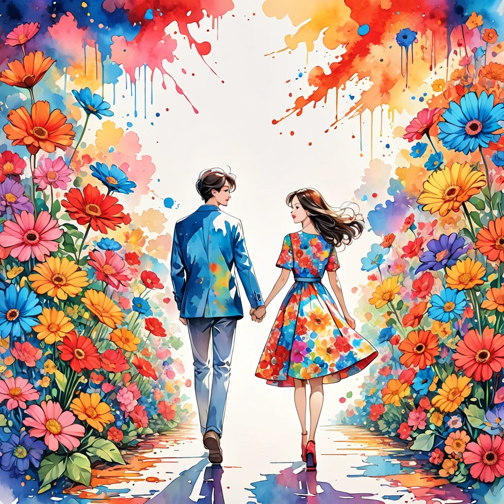 Hayao Miyazaki Style、(((stylish fashion))), 8K Quality、Intense watercolor, Detailed watercolor art, Watercolor splash, Surreal, avant-garde pop art, Beautiful and expressive paintings, Beautiful artwork illustration, Very colorful tones, wonderful, Cool beauty, highest quality、Official Art, Vector art, Stylish design, (((The most beautiful girl))), (((highest quality))), HDR, ((detailed)), (((Doodle Art)), ((masterpiece)), ((Super detailed)), (((Colorful flowers))),(((Stylish))), Lips in love, walking