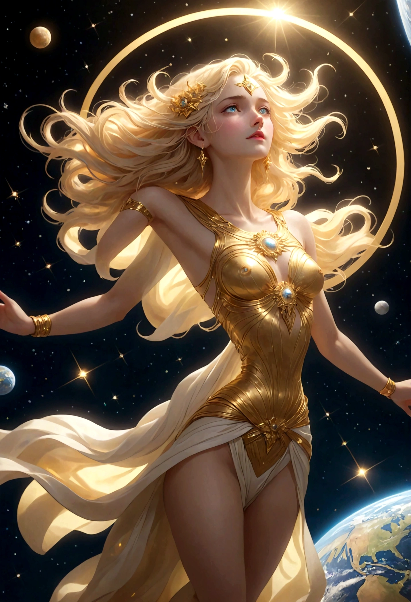 masterpiece，Best quality，high resolution，8K，Alone in space，Greek goddess，whole body，Super beautiful，floating，in the sky，floating，Golden light shines down，Look down on the Earth，Light in the Universe