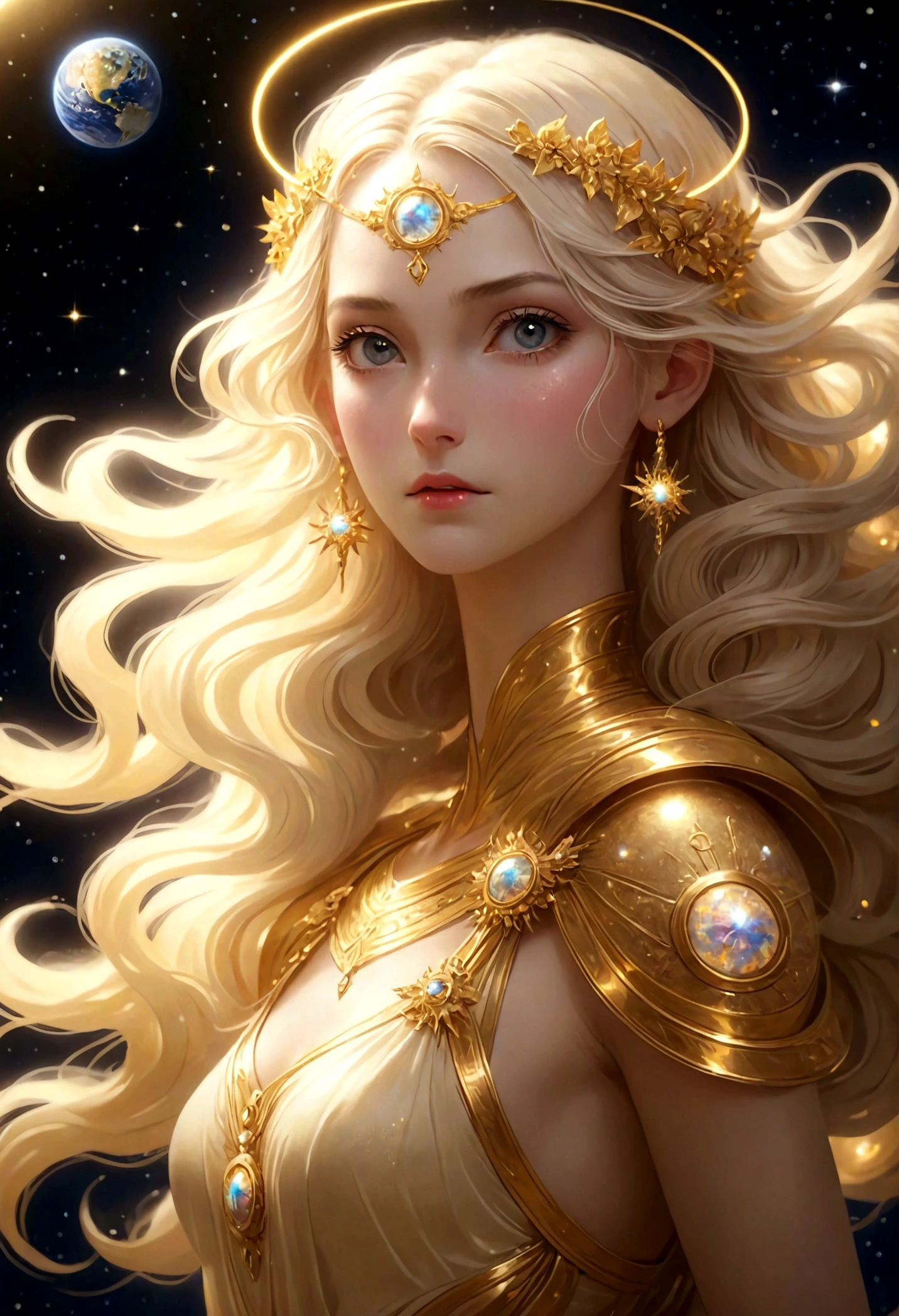 masterpiece,Best quality,high resolution,8K,Alone in space,Greek goddess,whole body,Super beautiful,floating,in the sky,floating,Golden light shines down,Look down on the Earth,Light in the Universe