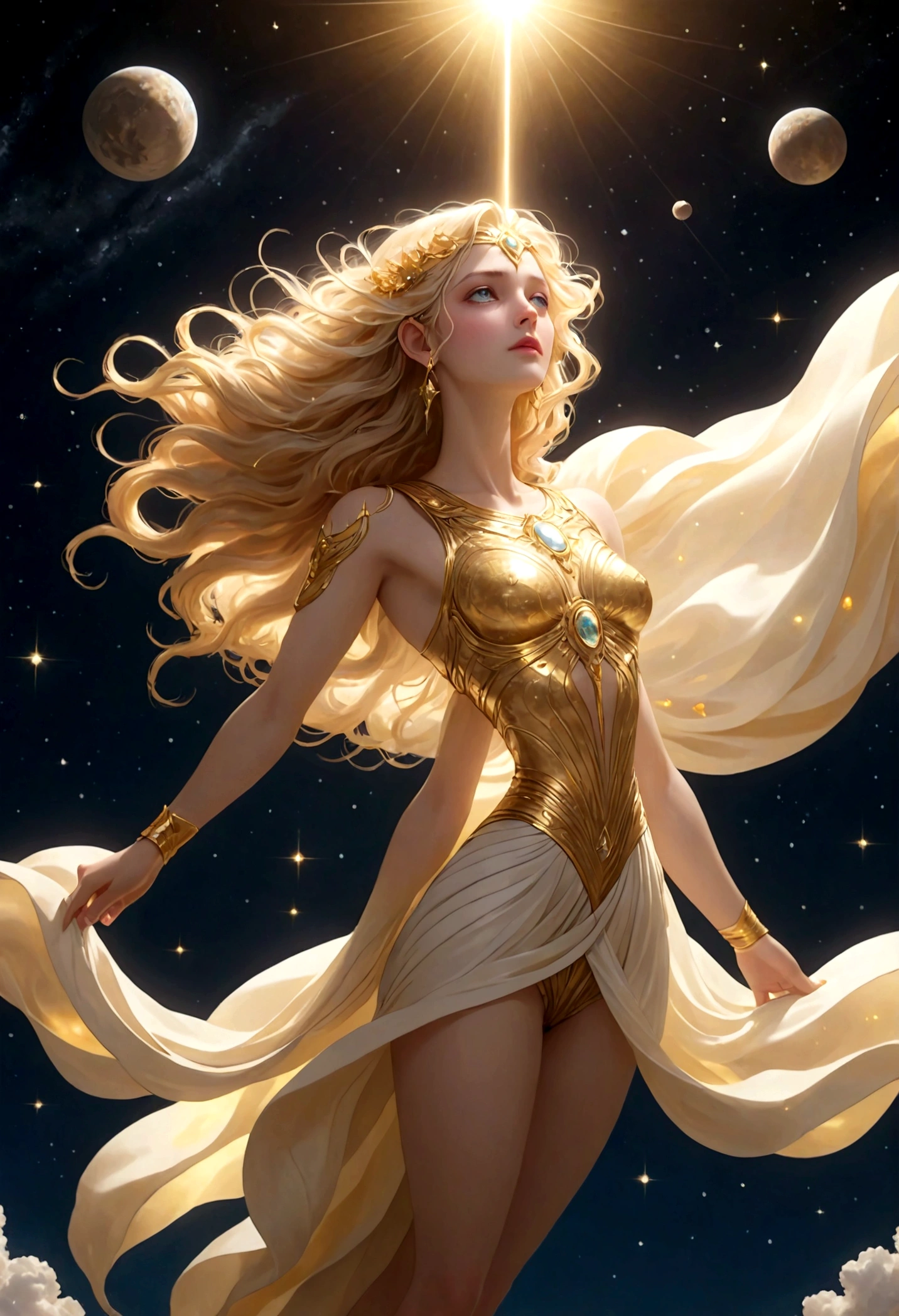 masterpiece,Best quality,high resolution,8K,Alone in space,Greek goddess,whole body,Super beautiful,floating,in the sky,floating,Golden light shines down,Look down on the Earth,Light in the Universe