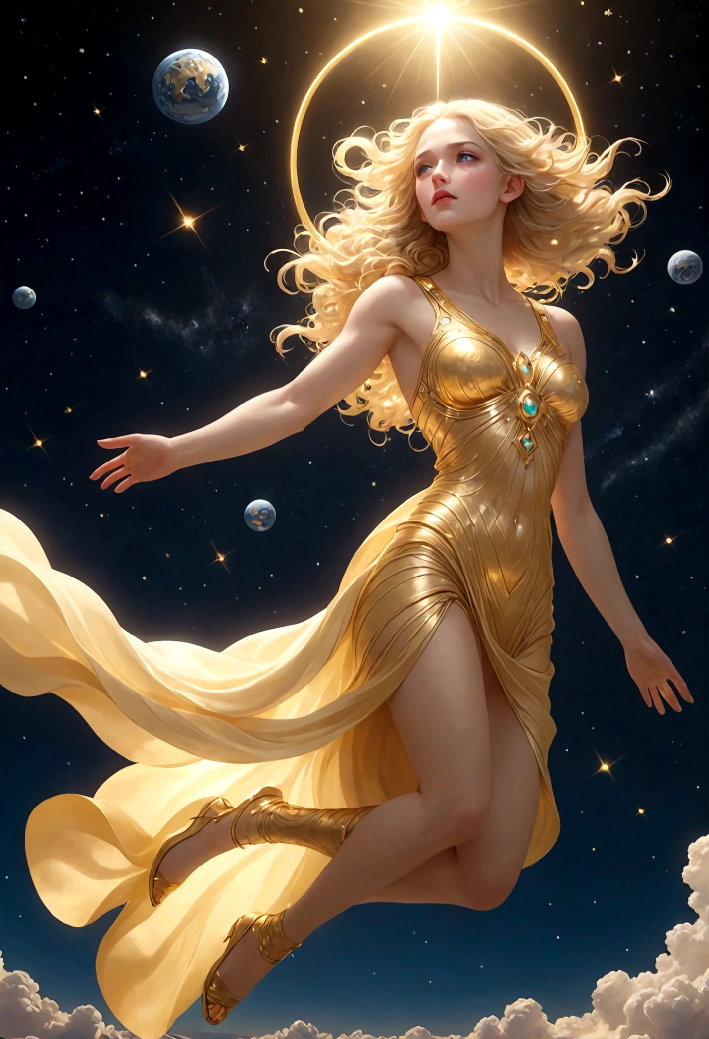 masterpiece,Best quality,high resolution,8K,Alone in space,Greek goddess,whole body,Super beautiful,floating,in the sky,floating,Golden light shines down,Look down on the Earth,Light in the Universe