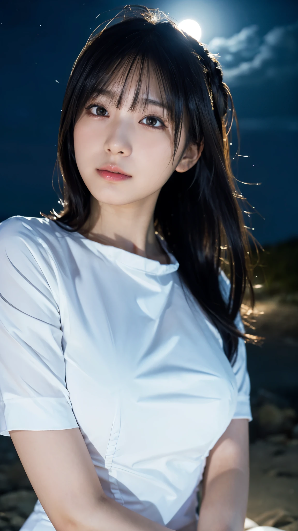 (highest quality,masterpiece:1.3,Ultra-high resolution),(Very detailed,Caustics,8k),(Realistic:1.4,RAW shooting),(night),(night空),(Starry Sky),(full moon),(Beach),(full moonを見上げる女の子1人),Are standing,20-year-old,cute,Japanese,Long black hair,Strong winds,(Hair blowing in the wind),(White blouse),Natural light,moonlight,(Side Shot),(Bust up shot),(Low position),(Low Angle)
