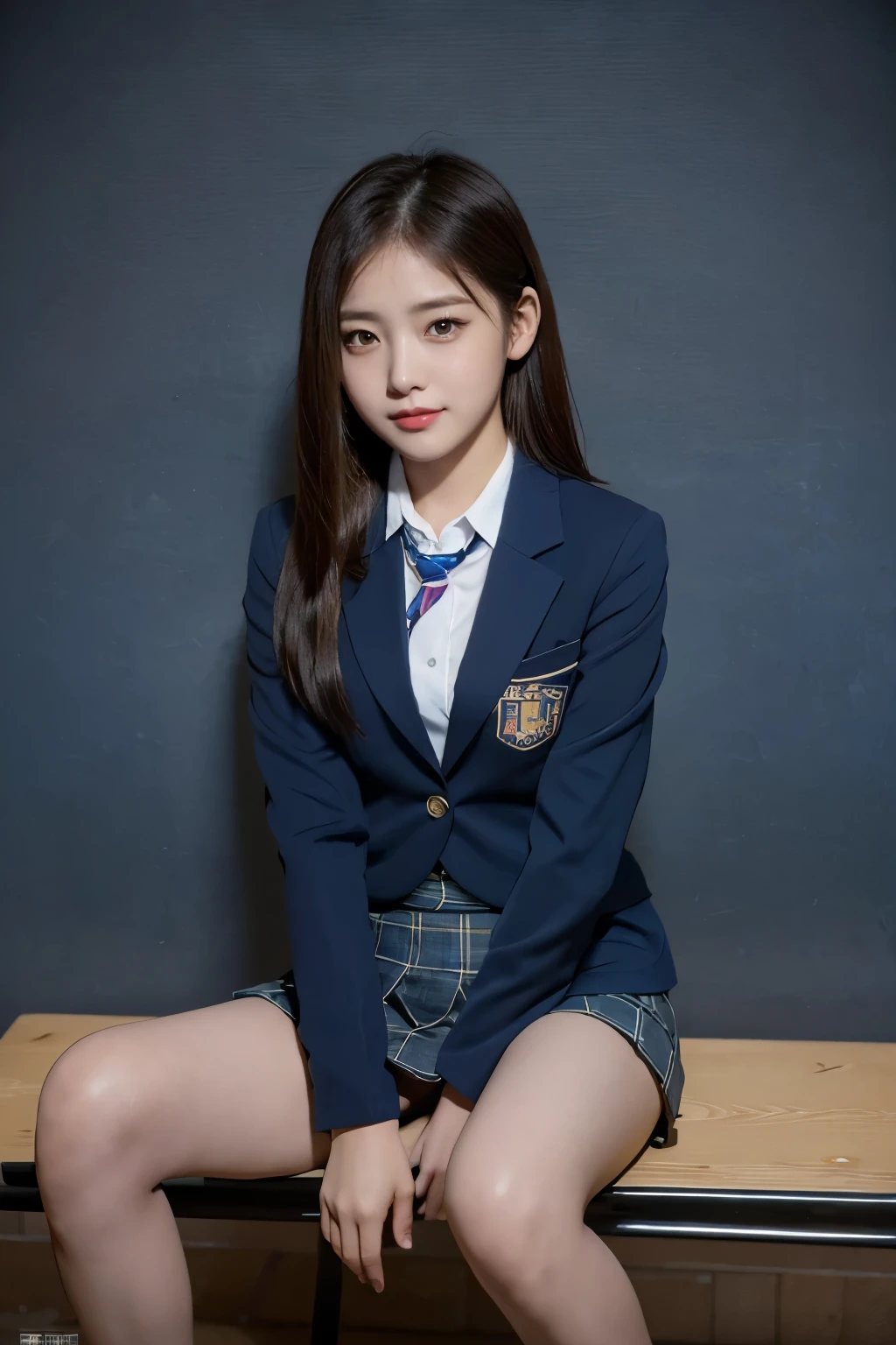 (8k), (highest quality: 1.2), (Realistic), (Realistic: 1.37), Ultra-high resolution, (1 girl), cute, blush,Embarrassed smile, Beautiful details, Beautiful Nose, straight Hair, Giant Dulcefo, pork, Thick thighs,Self Snap,University Uniforms,(A simple dark blue blazer:1.4),(Pleated skirt:1.2),(The skirt and tie are black tartan check pattern.:1.3),(Sitting:1), Sit on the bench,(Hold my feet:1),(Shiny legs:1.2),from the front,knees