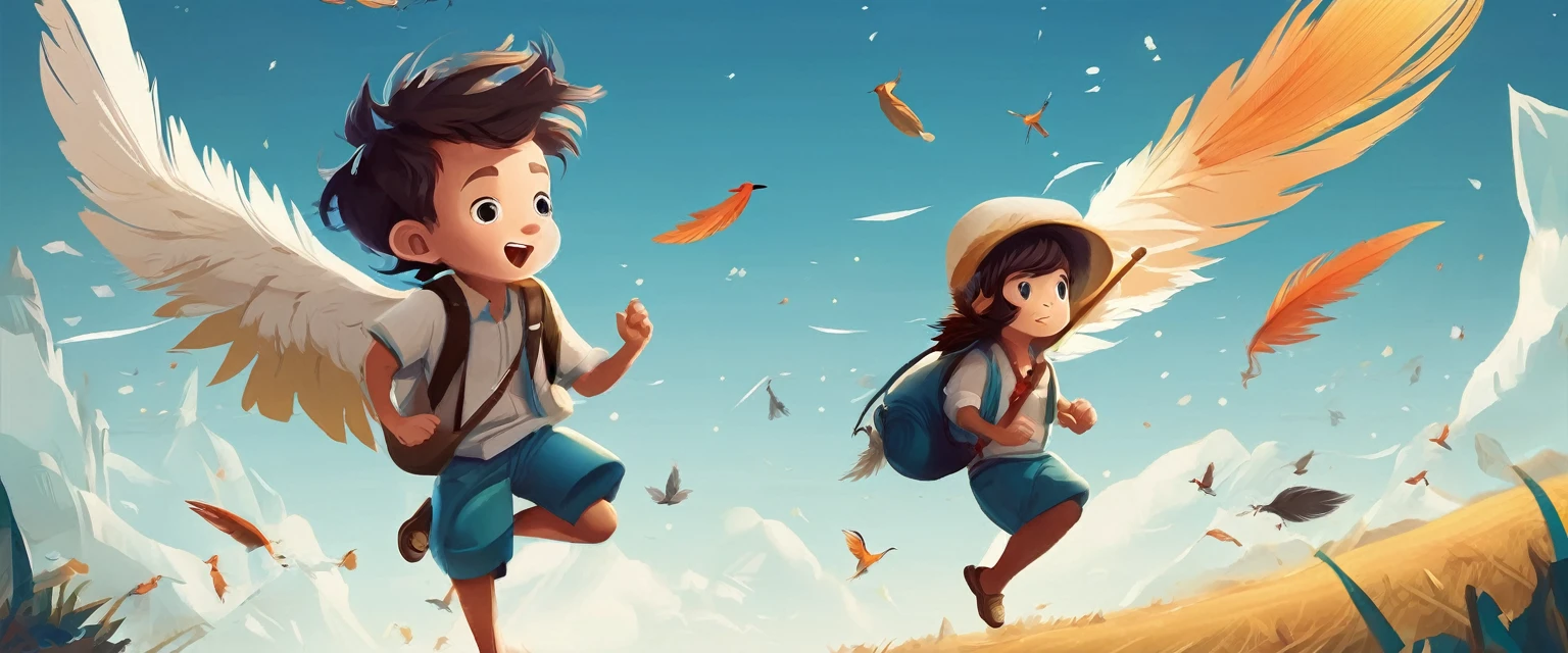 Create a professional, fantastic, cinematic Youtube Banner for a brand about music and stories called " Penamemoria". Masterpiece, 4k, sharp focus, highest quality,wide shot. Imagine a half a feather, half a fantasy boy. The title is " Penamemoria". Is a brand about the creative, unique journey of a boy into becoming a musician storyteller. In his journey he finds inspiration in a world of birds and feathers. Minimalistic, simple, poetic, dreamy logotype at the center of the image. The Background image is a world full of fantastic feathers, unique birds, light blue sky, and a boy running happily into the horizon with an acoustic guitar in his right hand. Boy running against the wind, almost simulating like he is flying