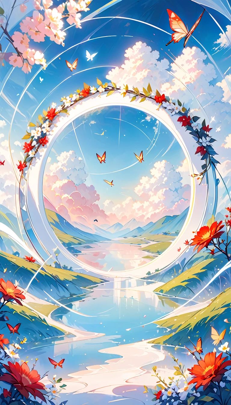 This is a landscape painting with a dreamy foreground, highlighting lines and minimalism in a state of transparent white gauze; The background features flying wreaths, butterflies, using the Moranti color scheme in an abstract sci-fi style
