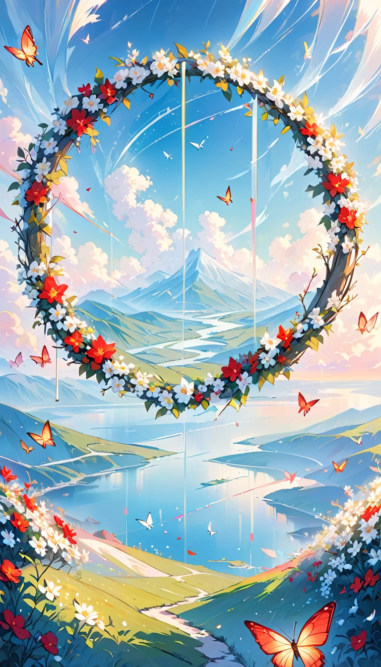 This is a landscape painting with a dreamy foreground, highlighting lines and minimalism in a state of transparent white gauze; The background features flying wreaths, butterflies, using the Moranti color scheme in an abstract sci-fi style
