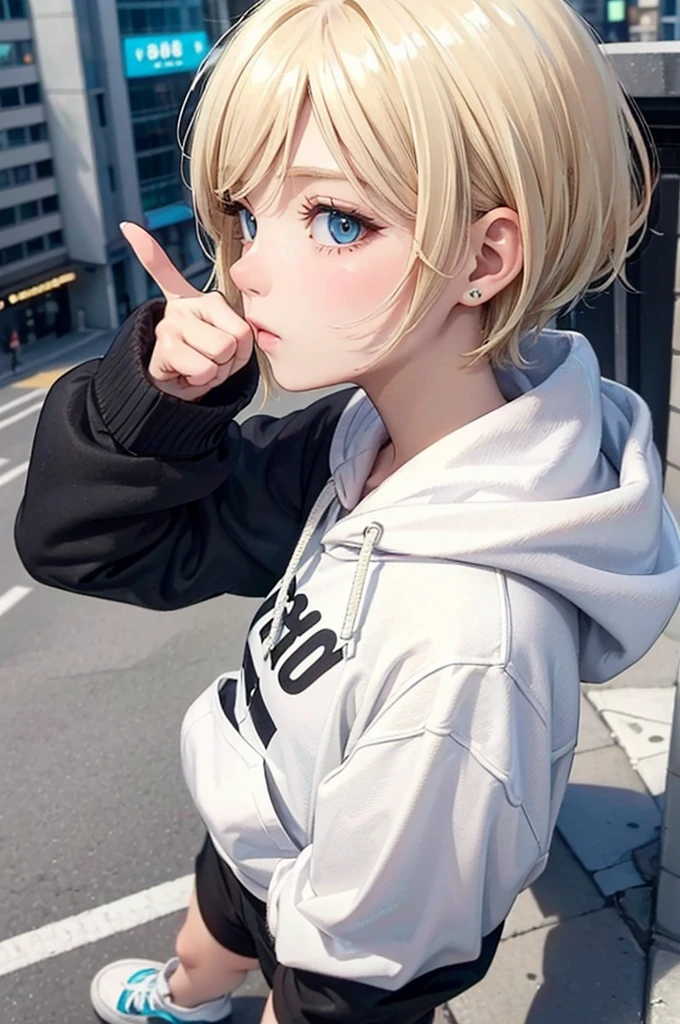 profile, blonde、short hair、girl 1、close up of face、city、composition from above、fashion、blonde hair、Short Mash Hair、、wearing a plain white hoodie、wearing black sneakers、turquoise eyes、black shorts、Making a thumbs up gesture,That&#39;s a nice tooth,Expressive eyes,,Dramatic shading and highlights,Ultra-fine strokes,Professional portrait,Perfect lighting, Thumbs up、thumbs up,Camera from the front