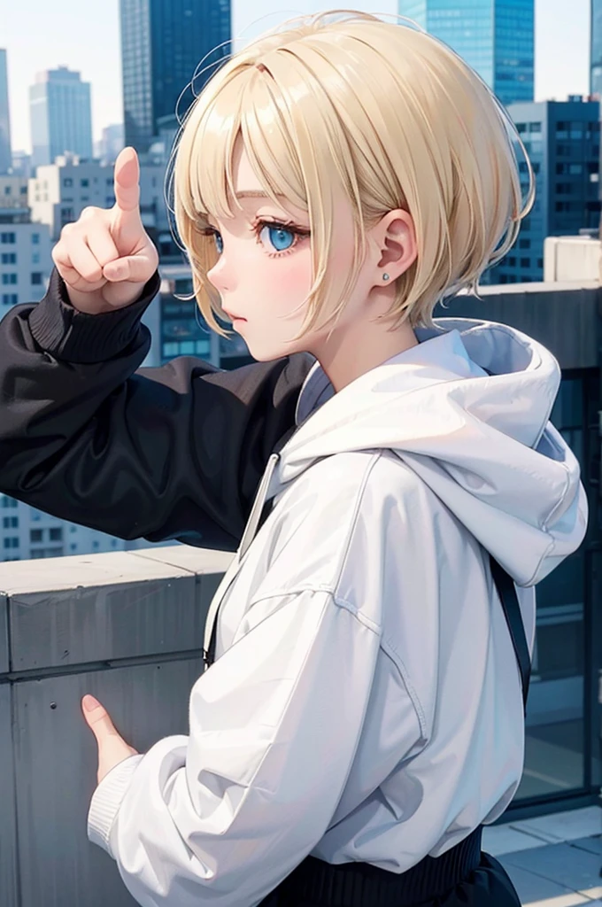 profile, blonde、short hair、girl 1、close up of face、city、composition from above、fashion、blonde hair、Short Mash Hair、、wearing a plain white hoodie、wearing black sneakers、turquoise eyes、black shorts、Making a thumbs up gesture,That&#39;s a nice tooth,Expressive eyes,,Dramatic shading and highlights,Ultra-fine strokes,Professional portrait,Perfect lighting, Thumbs up、thumbs up,Camera from the front
