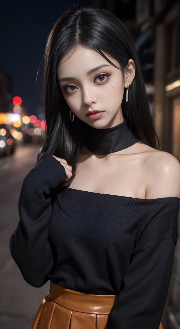 Cinema Lighting、(Key Light:Front 45 degree angle, Subsidy Light、Backlight、Shadow、Blue and orange color palette), Accurate human body、Knowledgeable person、Correct five-finger、RAW Photos、4K - ultra-vivid、highest quality, masterpiece, Ultra-high resolution, (reality: 1.4),
(((Oilskin,Glowing Skin、Realistic skin texture、Beautiful skin in every detail、Shiny skin、Shiny skin)))、
Beautiful youth, 19-year-old girl, 魅力的なgirl, クールなgirl、girl、mini skirt、Black Mask、((赤いHeavy makeup))、((Small breasts)) 、 girl1人, Purple eyes, Off-the-shoulder sweater dresses, Cinema Lighting、purple and black hair、(Mine girl、Gothic Lolita Makeup、My Makeup)、(Earrings、Small breasts、An oversized black t-shirt with open shoulders、ダークmini skirt)、((Heavy makeup、Oilskin,Glowing Skin、Realistic skin texture、Fine and beautiful skin、Shiny skin)), Dark downtown at night、Kabukicho、Dark Cyberpunk、(Full Shot:1.8)、Thin legs、Thin arms、Narrow shoulders、Tight waist、Slender body、Small breasts、whole body、's face